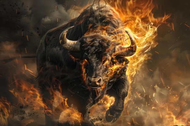 Fiery charge majestic bull surrounded by flames