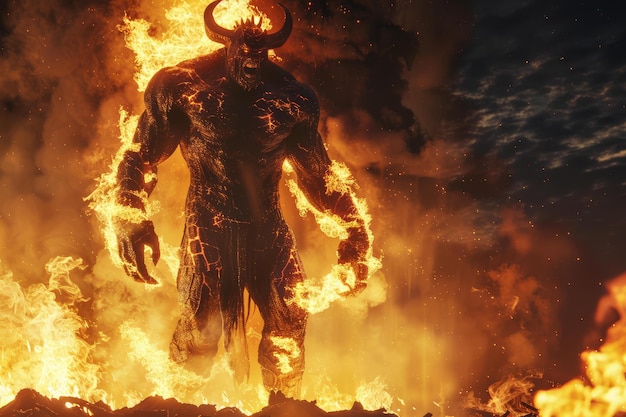 Photo fiery demon emerges in flames