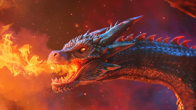 A fiery dragon breathing fire