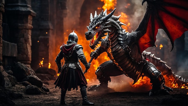 Fiery Dragon Engaged In Battle With Brave Medieval Knight