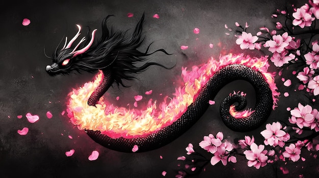 Fiery Dragon with Cherry Blossoms