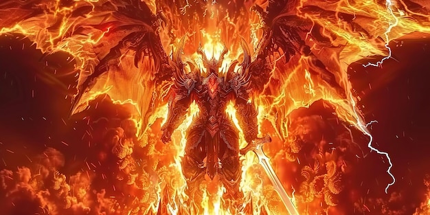 Photo a fiery dragon with a sword in its hand