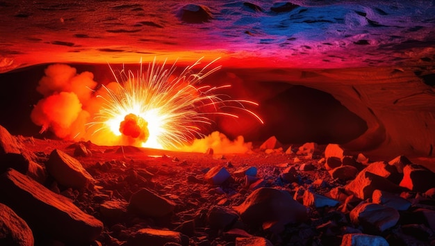 Photo fiery explosion in deep crimson and orange illuminates dark rocky environment