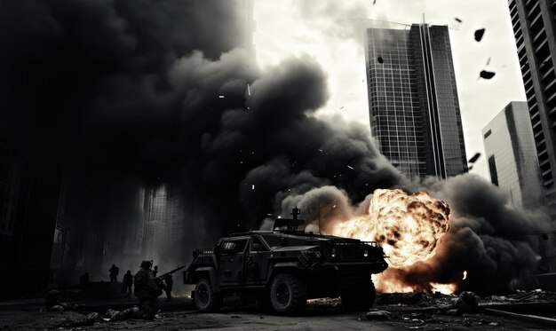 Fiery explosion engulfs a military vehicle amidst a dark ominous wartorn environment AI generative