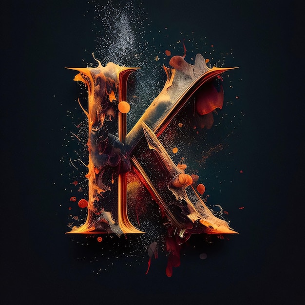 Fiery explosion letter K with blood splashes isolated on black background