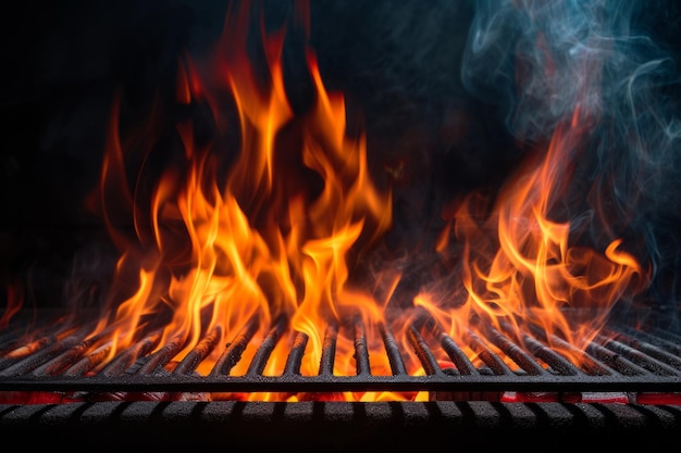 Fiery Flames Engulf Empty Barbecue Grill Against Sleek Black Backdrop