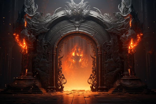 Fiery gateway guarded by a demon leading to the depths of hell Surreal and ominous Generative AI