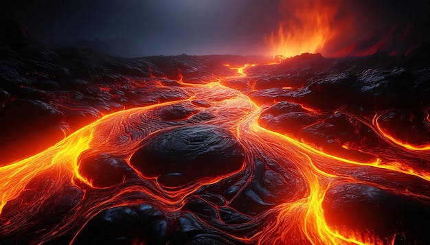 Fiery glow of molten lava streaming from a volcano during the night