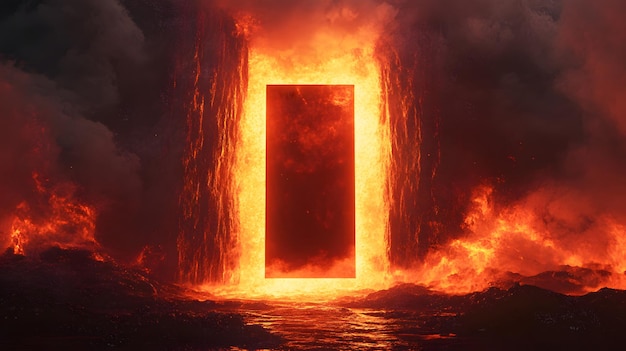 Photo a fiery glowing rectangular doorway emerges from a volcanic landscape