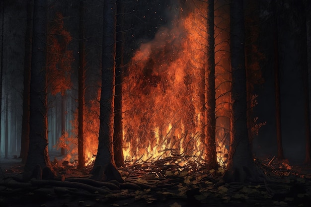 Fiery inferno engulfing a forest with orange and yellow flames rising high The smoke billows into the sky obscuring the sun and creating an ominous atmosphere Generative AI