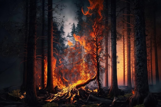 Fiery inferno engulfing a forest with orange and yellow flames rising high The smoke billows into the sky obscuring the sun and creating an ominous atmosphere Generative AI