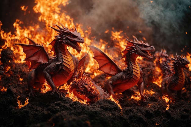 A fiery inferno of miniature dragons ai generative