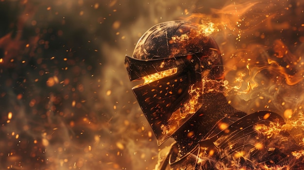 Photo fiery knight in armor stands amidst flames with sparks flying in a dramatic setting