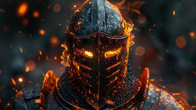 Photo fiery knight in armor stands amidst glowing embers in a dark fantasy setting