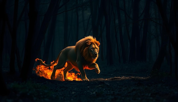 Fiery lion running through a dark forest in a dramatic scene isolated with white highlights