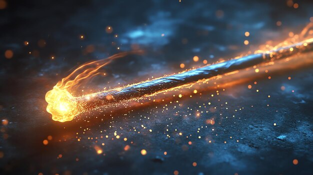 A fiery metal rod glows with intense heat sparks flying as it melts