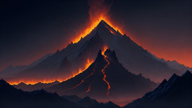 A fiery molten lava filled Mount Doom volcano in Mordor