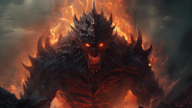 Fiery monster with blazing red eyes digital art illustration Generative AI