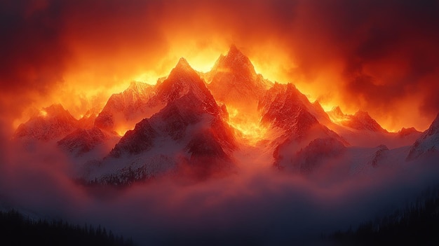 Photo fiery mountain peaks