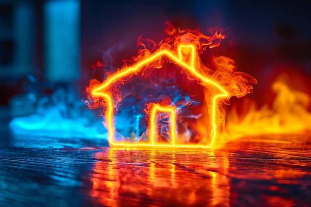 Photo fiery neon illustration of a house in flames symbolizing danger and disaster recovery in urban sett