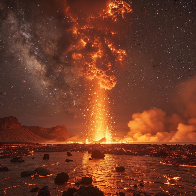 Photo fiery night sky captivating volcanic eruption illuminated by red lava under a starry canvas