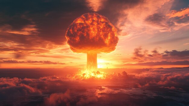 Photo fiery nuclear explosion mushroom cloud over a cloudy landscape