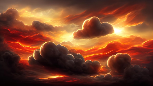 Fiery orange dark dramatic sunset sky Colorful colors of dawn Incredible beauty A beautiful and colorful abstract nature background Illustration 3d