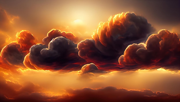 Fiery orange dark dramatic sunset sky Colorful colors of dawn Incredible beauty A beautiful and colorful abstract nature background Illustration 3d