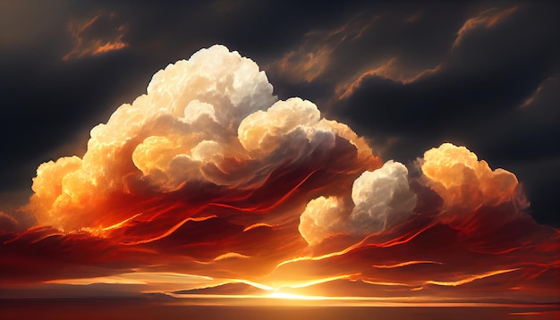 Fiery orange dark dramatic sunset sky Colorful colors of dawn Incredible beauty A beautiful and colorful abstract nature background Illustration 3d