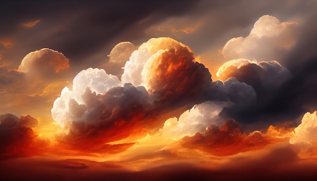 Fiery orange dark dramatic sunset sky Colorful colors of dawn Incredible beauty A beautiful and colorful abstract nature background Illustration 3d