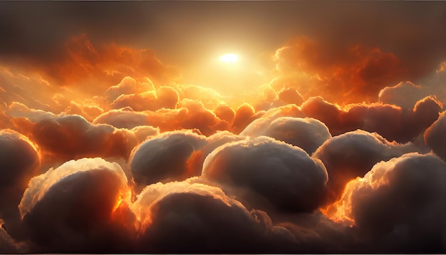 Fiery orange dramatic cloudy sunset sky Colorful colors of dawn Incredible beauty A beautiful and colorful abstract nature background Illustration 3d