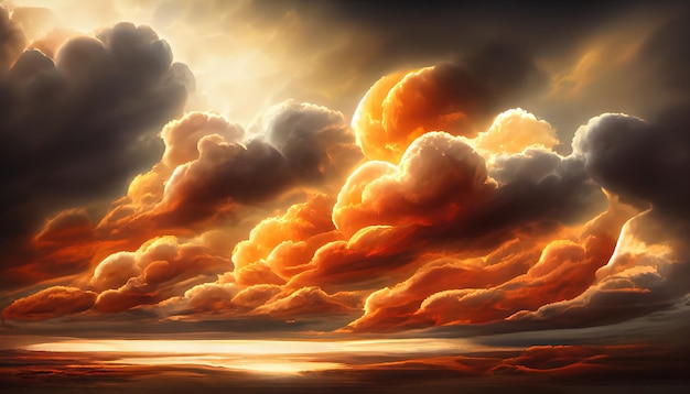 Fiery orange dramatic cloudy sunset sky Colorful colors of dawn Incredible beauty A beautiful and colorful abstract nature background Illustration 3d