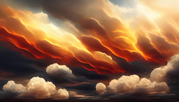 Fiery orange dramatic cloudy sunset sky Colorful colors of dawn Incredible beauty A beautiful and colorful abstract nature background Illustration 3d