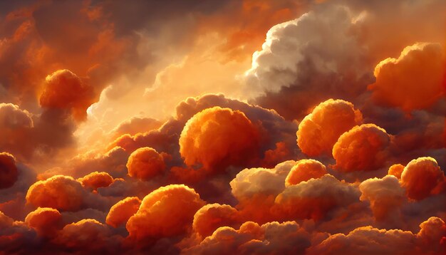 Fiery orange dramatic cloudy sunset sky Colorful colors of dawn Incredible beauty A beautiful and colorful abstract nature background Illustration 3d