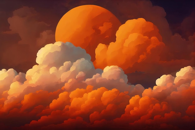 Fiery orange dramatic cloudy sunset sky Colorful colors of dawn Incredible beauty A beautiful and colorful abstract nature background Illustration 3d