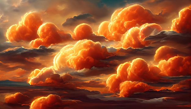 Fiery orange dramatic cloudy sunset sky Colorful colors of dawn Incredible beauty A beautiful and colorful abstract nature background Illustration 3d