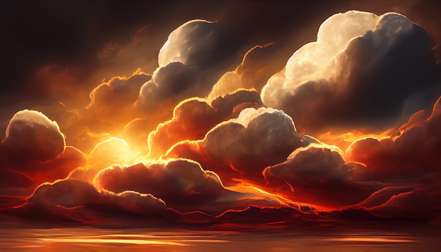 Fiery orange dramatic cloudy sunset sky Colorful colors of dawn Incredible beauty A beautiful and colorful abstract nature background Illustration 3d