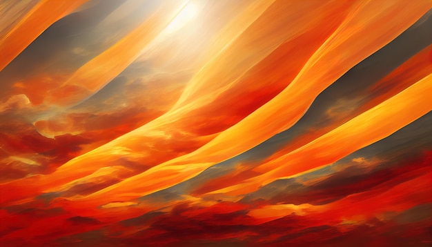 Fiery orange dramatic cloudy sunset sky Colorful colors of dawn Incredible beauty A beautiful and colorful abstract nature background Illustration 3d