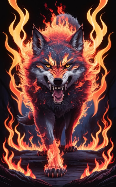 Photo fiery orange and red flames surrounding the wolf