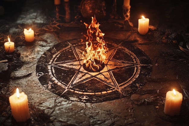 A Fiery Pentagram A Mesmerizing Scene of Ritual Flames Surrounded by Candles and Shadows Evoking Mystery and Intrigue