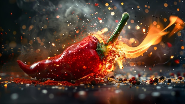 A fiery pepper being sliced with a flare of spice particles around it