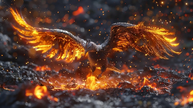 Photo fiery phoenix bird rising from ashes with a dramatic pose and glowing wings