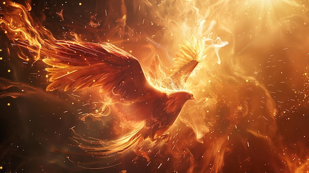 A fiery phoenix bird soars through the air its wings ablaze with flames and sparks