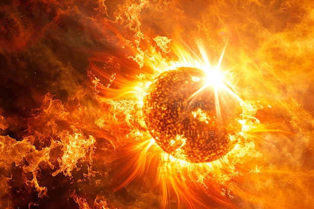 Fiery planet of the sun on a background of fire