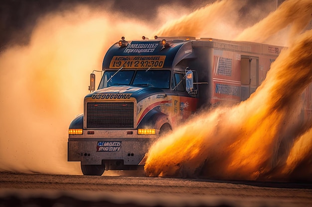 Fiery race truck speeds past flames and smoke in fiery rally