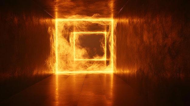 Photo a fiery rectangular portal within a dark concrete room