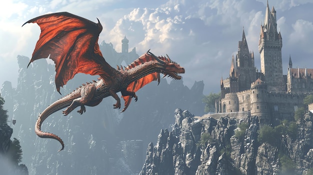 Photo a fiery red dragon flies over a majestic castle nestled on a mountainside