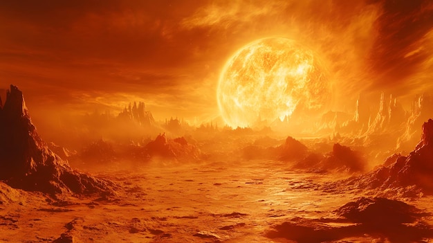 A fiery red sun looms over a barren rocky landscape