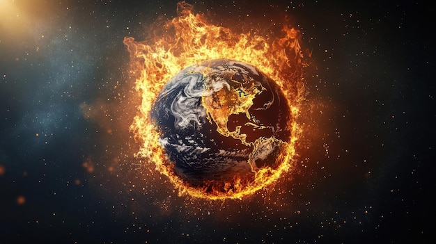 A fiery representation of Earth engulfed in flames depicting climate change effects