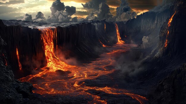 Photo fiery river of lava a volcanic wasteland in fantasy